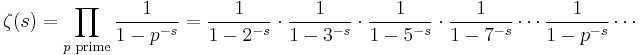 \zeta(s) = \prod_{p \text{ prime}} \frac{1}{1-p^{-s}}= \frac{1}{1-2^{-s}}\cdot\frac{1}{1-3^{-s}}\cdot\frac{1}{1-5^{-s}}\cdot\frac{1}{1-7^{-s}} \cdots \frac{1}{1-p^{-s}} \cdots