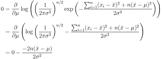 
\begin{align}
0 & = \frac{\partial}{\partial \mu} \log \left( \left( \frac{1}{2\pi\sigma^2} \right)^{n/2} \exp\left(-\frac{ \sum_{i=1}^{n}(x_i-\bar{x})^2+n(\bar{x}-\mu)^2}{2\sigma^2}\right) \right) \\[6pt]
& = \frac{\partial}{\partial \mu} \left( \log\left( \frac{1}{2\pi\sigma^2} \right)^{n/2} - \frac{ \sum_{i=1}^{n}(x_i-\bar{x})^2+n(\bar{x}-\mu)^2}{2\sigma^2} \right) \\[6pt]
& = 0 - \frac{-2n(\bar{x}-\mu)}{2\sigma^2}
\end{align}
