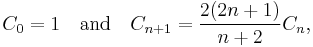 C_0 = 1 \quad \mbox{and} \quad C_{n+1}=\frac{2(2n+1)}{n+2}C_n,