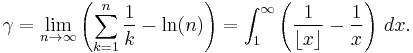 \gamma = \lim_{n \rightarrow \infty } \left( 
\sum_{k=1}^n \frac{1}{k} - \ln(n) \right)=\int_1^\infty\left({1\over\lfloor x\rfloor}-{1\over x}\right)\,dx.