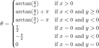 \theta =
\begin{cases}
\arctan(\frac{y}{x}) & \mbox{if } x > 0\\
\arctan(\frac{y}{x}) + \pi & \mbox{if } x < 0 \mbox{ and } y \ge 0\\
\arctan(\frac{y}{x}) - \pi & \mbox{if } x < 0 \mbox{ and } y < 0\\
\frac{\pi}{2} & \mbox{if } x = 0 \mbox{ and } y > 0\\
-\frac{\pi}{2} & \mbox{if } x = 0 \mbox{ and } y < 0\\
0 & \mbox{if } x = 0 \mbox{ and } y = 0
\end{cases}