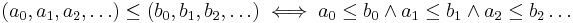  (a_0, a_1, a_2, \ldots) \leq (b_0, b_1, b_2, \ldots) \iff  a_0 \leq b_0 \wedge a_1 \leq b_1 \wedge a_2 \leq b_2 \ldots 