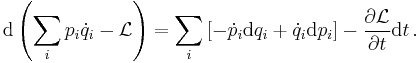  
\mathrm{d} \left ( \sum_i p_i {\dot q_i} - \mathcal{L} \right ) = \sum_i \left [  -{\dot p}_i  \mathrm{d} q_i + {\dot q_i} \mathrm{d}p_i  \right] - \frac{\partial \mathcal{L}}{\partial t}\mathrm{d}t
\,.