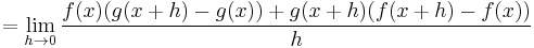 = \lim_{h \to 0} \frac{f(x)(g(x + h) - g(x)) + g(x + h)(f(x + h) - f(x))}{h}\,\!