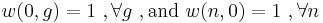 
   \displaystyle 
   w(0,g)
   =
   1 \ , \forall g
   \ ,
   {\rm and}
   \ 
   w(n,0)
   =
   1 \ , \forall n
