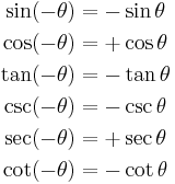 
\begin{align}
\sin(-\theta) &= -\sin \theta \\
\cos(-\theta) &= +\cos \theta \\
\tan(-\theta) &= -\tan \theta \\
\csc(-\theta) &= -\csc \theta \\
\sec(-\theta) &= +\sec \theta \\
\cot(-\theta) &= -\cot \theta
\end{align}
