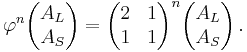 \varphi^n\begin{pmatrix}  A_L \\  A_S\end{pmatrix} = \begin{pmatrix} 2 & 1 \\ 1 & 1 \end{pmatrix}^n\begin{pmatrix} A_L \\ A_S \end{pmatrix}\, .