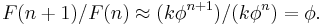 F(n+1)/F(n) \approx (k\phi^{n+1})/(k\phi^n) = \phi.