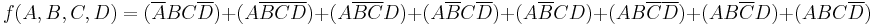 f(A, B, C, D) = (\overline{A}BC\overline{D}) + (A\overline{B}\overline{C}\overline{D}) + (A\overline{B}\overline{C}D) + (A\overline{B}C\overline{D}) + (A\overline{B}CD) + (AB\overline{C}\overline{D}) + (AB\overline{C}D) + (ABC\overline{D})