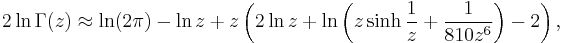 2 \ln \Gamma(z) \approx \ln(2 \pi) - \ln z + z \left(2 \ln z + \ln \left( z \sinh \frac{1}{z}  + \frac{1}{810z^6} \right) - 2 \right),