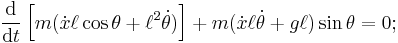 \frac{\mathrm{d}}{\mathrm{d}t}\left[ m( \dot x \ell \cos\theta + \ell^2 \dot\theta ) \right] + m (\dot x \ell \dot \theta + g \ell) \sin\theta = 0;