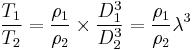 \frac {T_1}{T_2} = \frac {\rho_1}{\rho_2} \times \frac {D_1^3}{D_2^3} = \frac {\rho_1}{\rho_2} \lambda^3