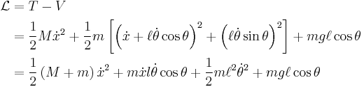 
\begin{align}
\mathcal{L} &= T - V \\ 
&= \frac{1}{2} M \dot{x}^2 + \frac{1}{2} m \left[ \left( \dot x + \ell \dot\theta \cos \theta \right)^2 + \left( \ell \dot\theta \sin \theta \right)^2 \right] + m g \ell \cos \theta \\
&= \frac{1}{2} \left(  M + m \right) \dot x^2 + m \dot x l \dot \theta \cos \theta + \frac{1}{2} m \ell^2 \dot \theta ^2 + m g \ell \cos \theta 
\end{align}
