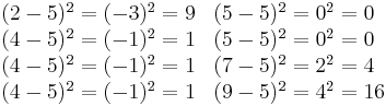 
\begin{array}{ll}
(2-5)^2 = (-3)^2 = 9 & (5-5)^2 = 0^2 = 0 \\
(4-5)^2 = (-1)^2 = 1 & (5-5)^2 = 0^2 = 0 \\
(4-5)^2 = (-1)^2 = 1 & (7-5)^2 = 2^2 = 4 \\
(4-5)^2 = (-1)^2 = 1 & (9-5)^2 = 4^2 = 16
\end{array}
