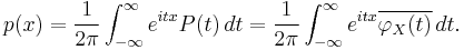 p(x) = \frac{1}{2\pi} \int_{-\infty}^\infty e^{itx} P(t)\, dt = \frac{1}{2\pi} \int_{-\infty}^\infty e^{itx} \overline{\varphi_X(t)}\, dt.
