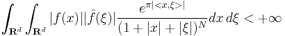 \int_{\mathbf{R}^d}\int_{\mathbf{R}^d}|f(x)||\hat{f}(\xi)|\frac{e^{\pi|<x,\xi>|}}{(1+|x|+|\xi|)^N}dx\,d\xi<+\infty