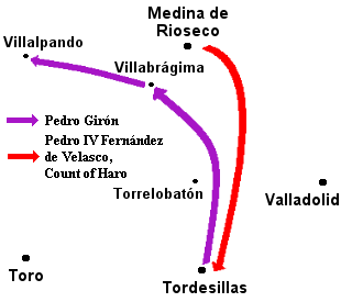 Map of army maneuvers.  The comunero army heads north to Villabrágima, then west, leaving the way open for the royal army to march south from Medina de Rioseco to Tordesillas.