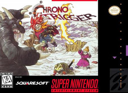 "CHRONO TRIGGER", a snowy field, a dark blue monster with arms raised in the left frame, the character Crono flying to it in the middle with his sword drawn, beneath him the character Frog hunched over on the ground, to the right the character Marle shooting fire from her fingertip