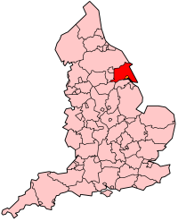 Map of England showing county borders with the East Riding of Yorkshire block filled in red