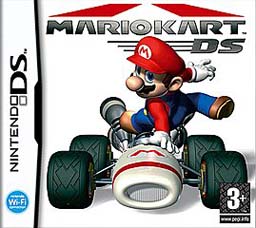 Video game box art. A video game character, Mario, leaps over a racing kart.