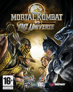 The Mortal Kombat logo is centered at the top of the image with the words "Mortal Kombat vs DC Universe" below it.  Two factions face each other as though to begin a battle.  On the left, Mortal Kombat characters can be seen, on the right, DC Comics characters.  PEGI 16+, Warner Bros., DC Comics and Midway Games logos are across the bottom, from left to right respectively.