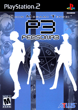 PlayStation 2 box art displaying silhouettes of three of the main characters of Persona 3. The top of the box displays the name of the series, "Shin Megami Tensei".  Below the series name, the characters "P3" are displayed in a large, blocky font.  Below this is the name of the game, "Persona 3", in a smaller font.