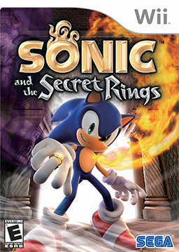 A blue anthropomorphic hedgehog with spiky hair poses in the foreground, facing the camera and smiling mischieviously. A shiny golden ring is on his right middle finger and a flame streams upward from his heart, from which he does not flinch. The background contains a temple with a door through which bright light is visible. A large part of the left side of the scene is obscured by purple fog, and wind graces the floor near the hedgehog's shoes. Near the top of the image, the text "Sonic and the Secret Rings" appears in stylized, metallic form, the first word colored gold and the rest of them silver.