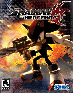 An anthropomorphic black hedgedog with spiky hair holds a handgun, striking an attacking pose with an unhappy expression on his face. A stylized explosion is visible in the background. The words "Shadow the Hedgedog" adorn the top of the screen, as does a red logo that resembles the hedgedog's head.