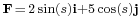 \scriptstyle\mathbf{F}\, = \,2\sin(s)\mathbf{i} + 5\cos(s)\mathbf{j}