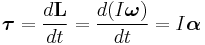 \boldsymbol\tau={{d \mathbf{L}}\over {dt}}={{d(I\boldsymbol\omega)} \over {dt}}=I\boldsymbol\alpha