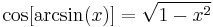 \cos[\arcsin(x)]=\sqrt{1-x^2} \,