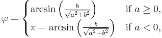 
\varphi = \begin{cases}\arcsin \left(\frac{b}{\sqrt{a^2+b^2}}\right)
& \text{if }a \ge 0, \\
\pi-\arcsin \left(\frac{b}{\sqrt{a^2+b^2}}\right) & \text{if }a < 0,
\end{cases}
