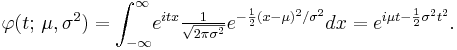 
    \varphi(t;\,\mu,\sigma^2) = \int_{-\infty}^\infty\! e^{itx}\tfrac{1}{\sqrt{2\pi\sigma^2}}e^{-\frac12 (x-\mu)^2/\sigma^2} dx = e^{i\mu t - \frac12 \sigma^2t^2}.
  