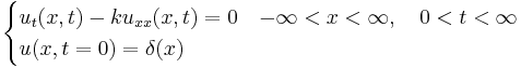 
\begin{cases}
u_t(x,t) - k u_{xx}(x,t) = 0& -\infty<x<\infty,\quad 0<t<\infty\\
u(x,t=0)=\delta(x)&
\end{cases}
