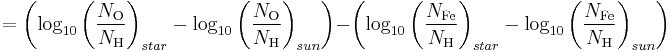 
= \left(\log_{10}{\left(\frac{N_{\mathrm{O}}}{N_{\mathrm{H}}}\right)_{star}} - \log_{10}{\left(\frac{N_{\mathrm{O}}}{N_{\mathrm{H}}}\right)_{sun}}\right) -
\left(\log_{10}{\left(\frac{N_{\mathrm{Fe}}}{N_{\mathrm{H}}}\right)_{star}} - \log_{10}{\left(\frac{N_{\mathrm{Fe}}}{N_{\mathrm{H}}}\right)_{sun}}\right) 
