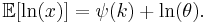 \mathbb{E}[\ln(x)] = \psi(k) + \ln(\theta). \, 