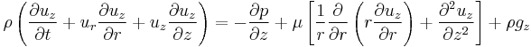 
\rho \left(\frac{\partial u_z}{\partial t} + u_r \frac{\partial u_z}{\partial r} + u_z \frac{\partial u_z}{\partial z}\right) =
-\frac{\partial p}{\partial z} + \mu \left[\frac{1}{r}\frac{\partial}{\partial r}\left(r \frac{\partial u_z}{\partial r}\right) + \frac{\partial^2 u_z}{\partial z^2}\right] + \rho g_z