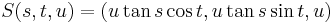 S(s,t,u) = \left(u \tan s \cos t, u \tan s \sin t, u \right)