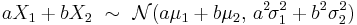 
    aX_1 + bX_2 \ \sim\ \mathcal{N}(a\mu_1+b\mu_2,\, a^2\!\sigma_1^2 + b^2\sigma_2^2)
  