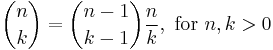  \binom nk = \binom {n-1}{k-1} \frac nk,\text{ for }n,k>0 