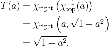 \begin{align}
 T(a) &= \chi_{\mathrm{right}}\left(\chi_{\mathrm{top}}^{-1}(a)\right) \\
      &= \chi_{\mathrm{right}}\left(a, \sqrt{1-a^2}\right) \\
      &= \sqrt{1-a^2} .
\end{align}