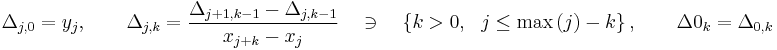 \Delta _{j,0}=y_j,\quad \quad \Delta _{j,k}=\frac{\Delta _{j+1,k-1}-\Delta _{j,k-1}}{x_{j+k}-x_j}\quad \ni \quad \left\{ k>0,\ \ j\le \max \left( j \right)-k \right\},\quad \quad \Delta 0_k=\Delta _{0,k}