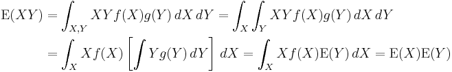 
\begin{align}
\operatorname{E}(XY) & = \int_{X,Y}XYf(X)g(Y)\,dX\,dY=
\int_X\int_Y XYf(X)g(Y)\,dX\,dY \\
& = \int_X Xf(X)\left[\int Yg(Y)\,dY\right]\,dX=\int_XXf(X)\operatorname{E}(Y)\,dX=\operatorname{E}(X)\operatorname{E}(Y)
\end{align}
