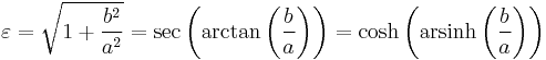 \varepsilon = \sqrt{1+\frac{b^2}{a^2}} = \sec\left(\arctan\left(\frac{b}{a}\right)\right) = \cosh\left(\operatorname{arsinh}\left(\frac{b}{a}\right)\right)