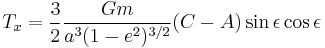 T_x = \frac{3}{2}\frac{Gm}{a^3 (1-e^2)^{3/2}}(C-A)\sin\epsilon\cos\epsilon