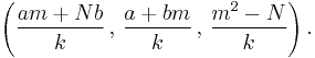 \left( \frac{am+Nb}{k} \,,\, \frac{a+bm}{k} \,,\, \frac{m^2-N}{k} \right).