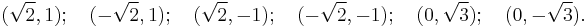  (\sqrt{2},1); \quad (-\sqrt{2},1); \quad (\sqrt{2},-1); \quad (-\sqrt{2},-1); \quad (0,\sqrt{3}); \quad (0,-\sqrt{3}). 