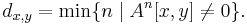 d_{x,y}=\min\{n\mid A^n[x,y]\ne 0\}. \, 