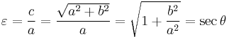 
\varepsilon = \frac{c}{a} = \frac{\sqrt{a^{2} + b^{2}}}{a} = \sqrt{1 + \frac{b^{2}}{a^{2}}} = \sec \theta
