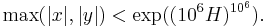 \max (|x|, |y|)<\exp((10^6H)^{{10}^6}).